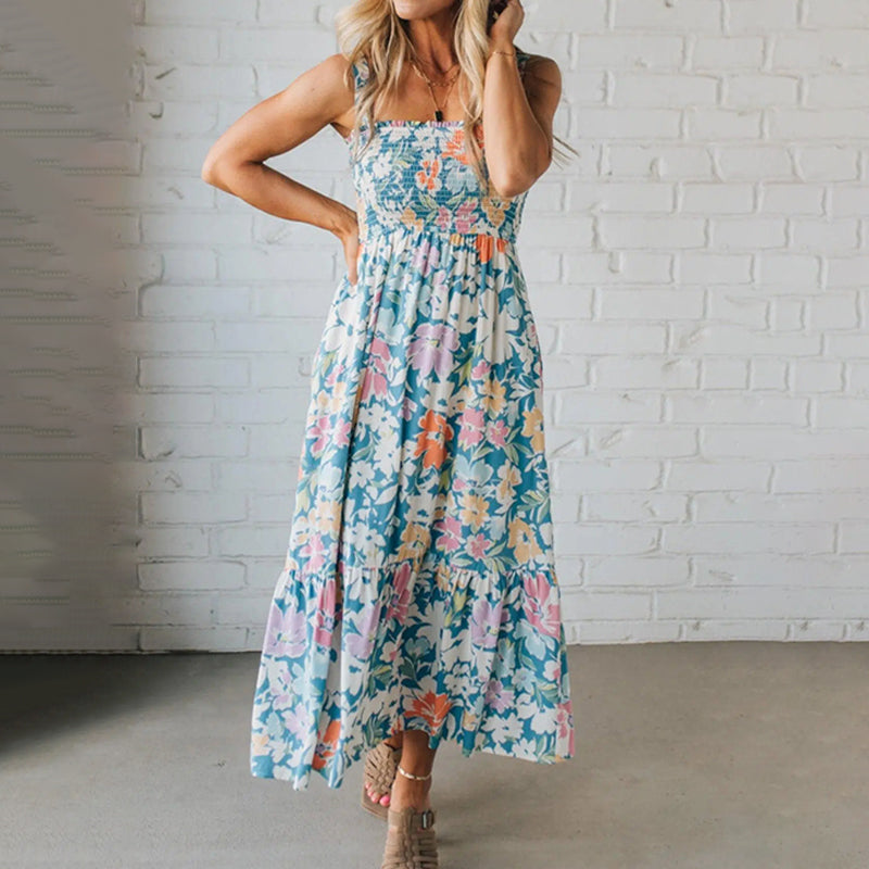 Floral Maxi Dress with Shirred Bodice and Adjustable Straps