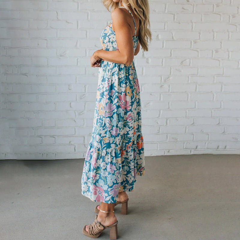 Floral Maxi Dress with Shirred Bodice and Adjustable Straps