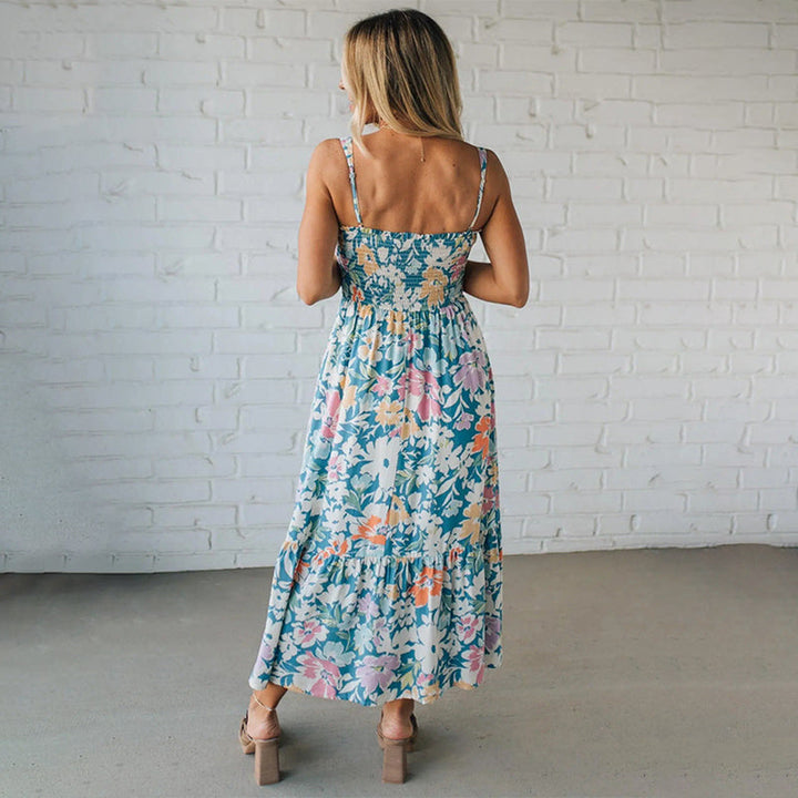 Floral Maxi Dress with Shirred Bodice and Adjustable Straps