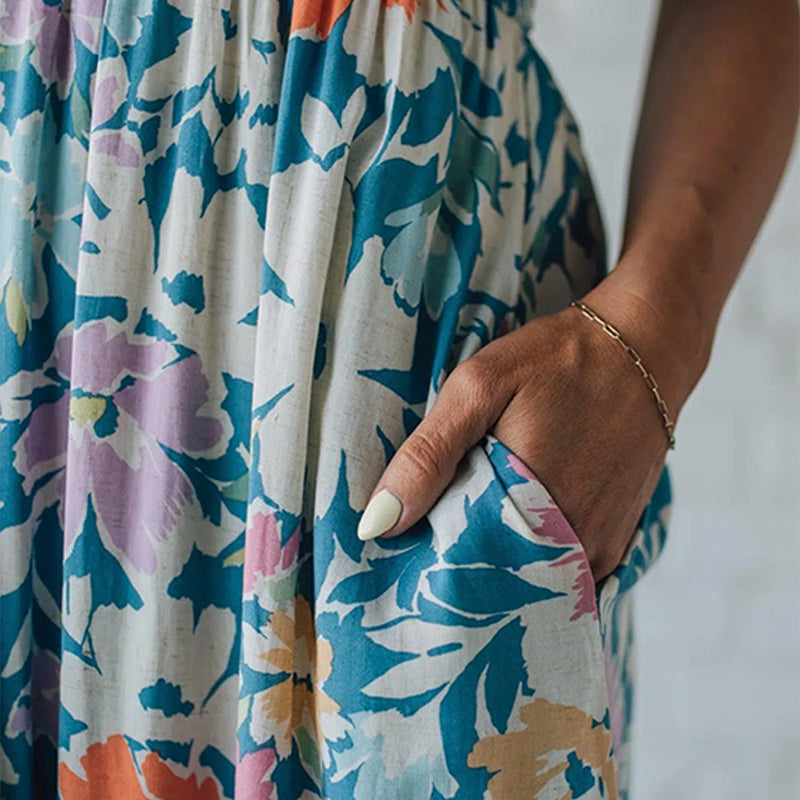 Floral Maxi Dress with Shirred Bodice and Adjustable Straps