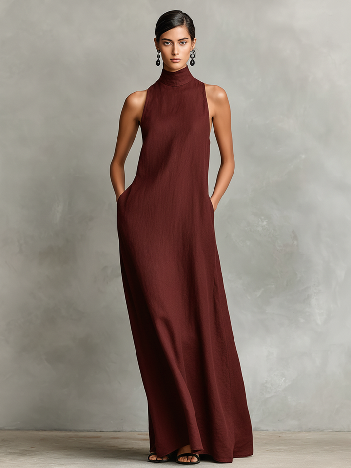 Women's Black Maxi Dress with Stand-Up Collar and Side Pockets, Timeless, Minimalist Casual Dress