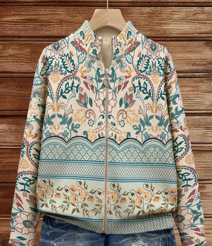 Sybilla | Women's long-sleeve cardigan with floral pattern and stand-up collar