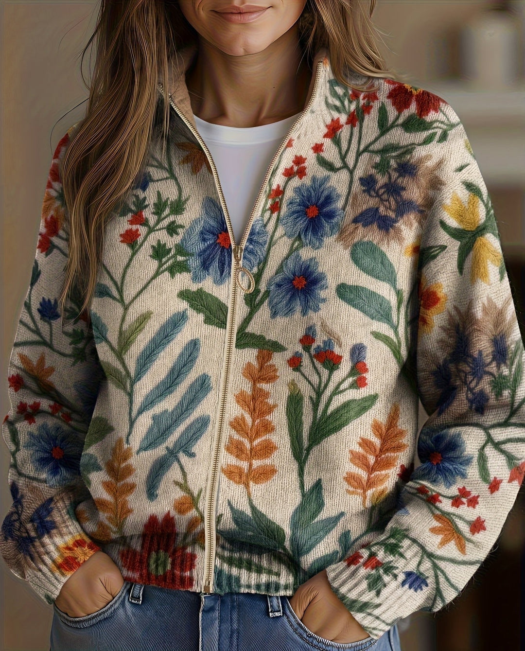 Tabitha | Women’s Floral Pattern Zip-Up Cardigan