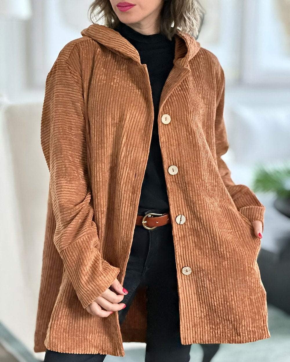 Women's hooded jacket with pockets and buttons