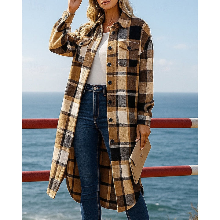 Women's longline coat with a plaid pattern, buttons, and pockets