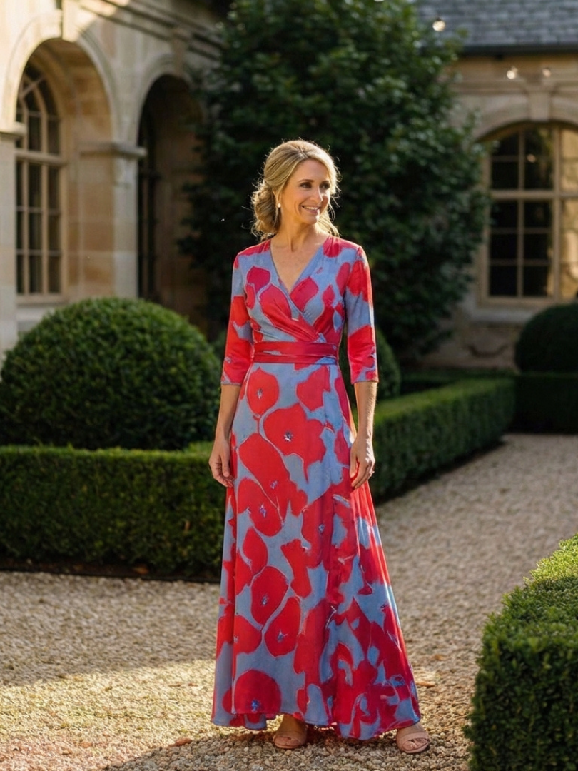 Danielle | Three-Quarter Sleeve V-Neck Floral Maxi Dress