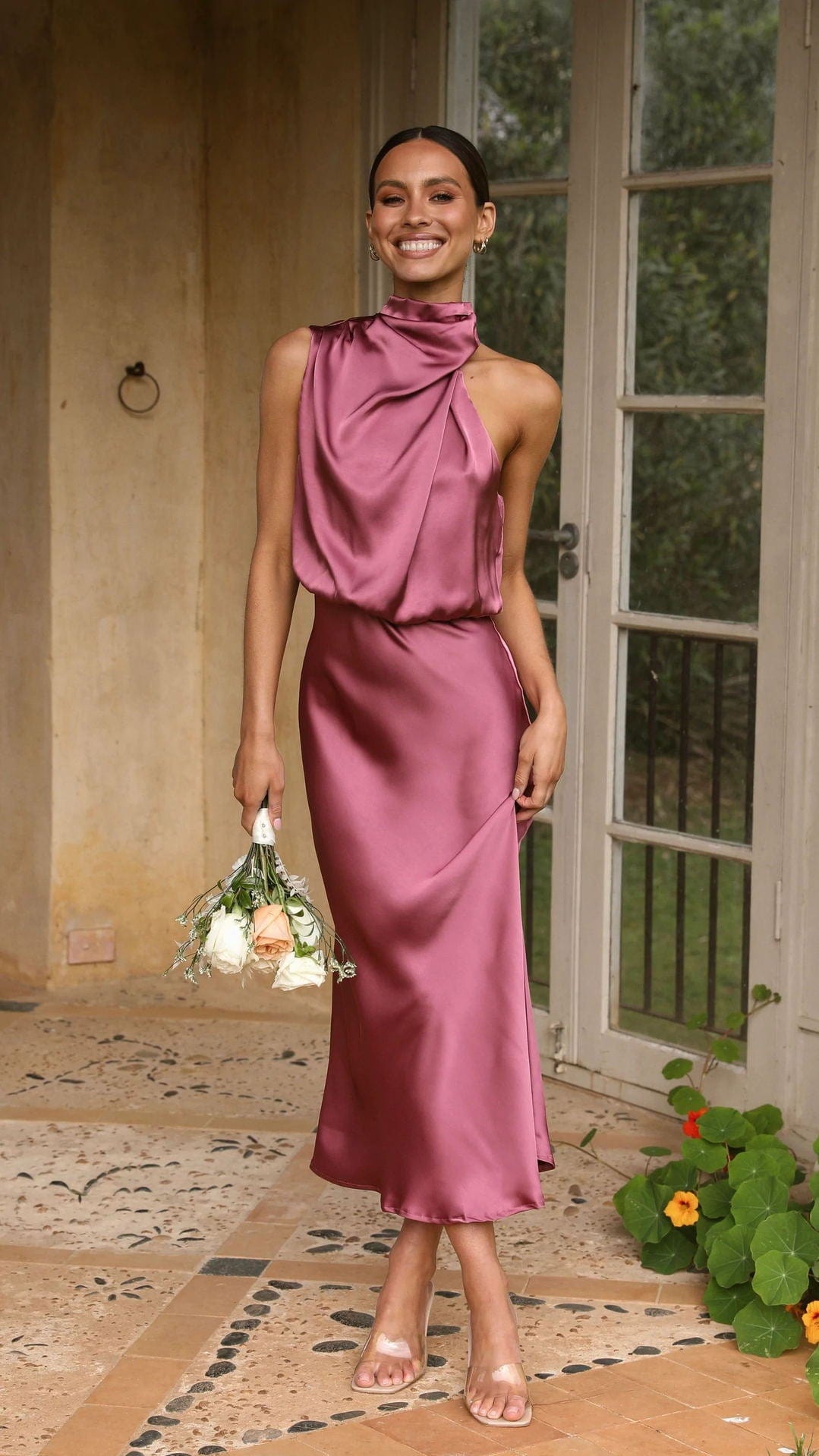 Rochella™ - Elegant Satin High-Neck Dress Old Rose