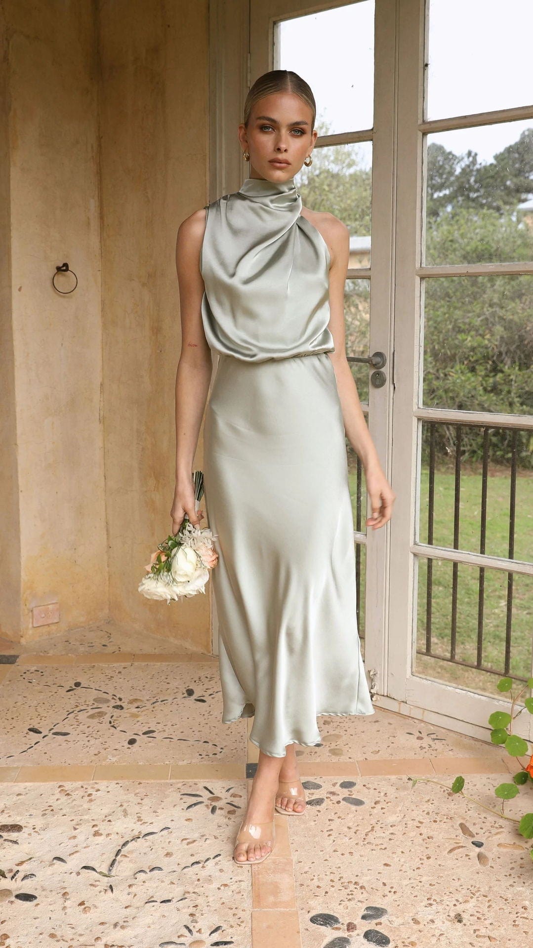 Amber™ - Elegant Light Gold High Neck Satin Dress