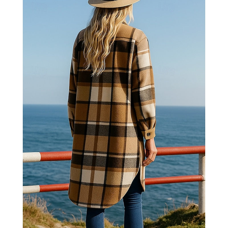 Women's longline coat with a plaid pattern, buttons, and pockets