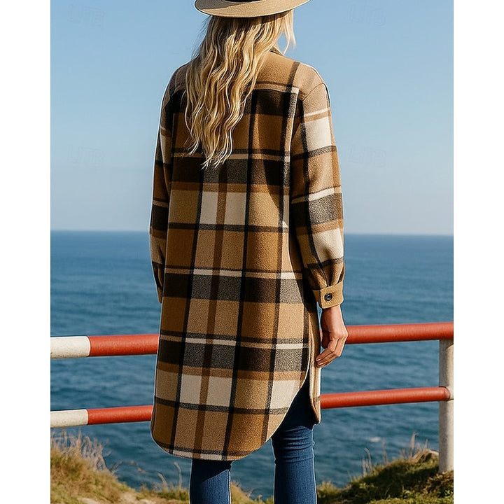 Women's longline coat with a plaid pattern, buttons, and pockets