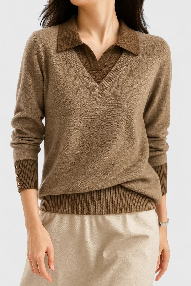 Camila | Women’s V-Neck Polo Collar Sweater with Buttoned Sleeves