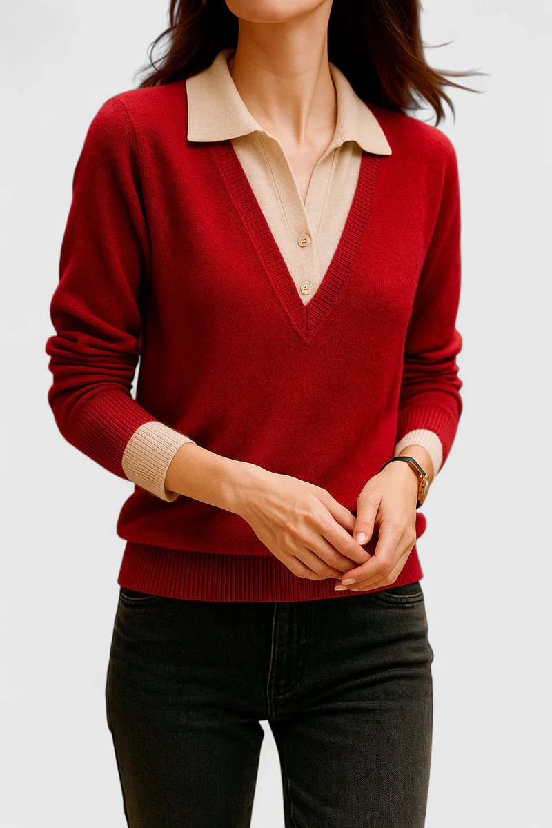 Camila | Women’s V-Neck Polo Collar Sweater with Buttoned Sleeves