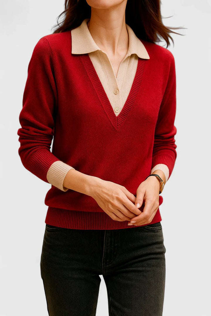 Camila | Women’s V-Neck Polo Collar Sweater with Buttoned Sleeves