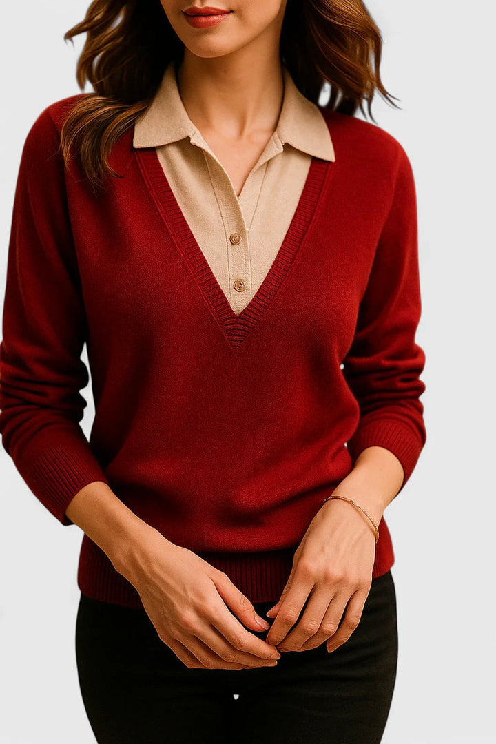 Camila | Women’s V-Neck Polo Collar Sweater with Buttoned Sleeves