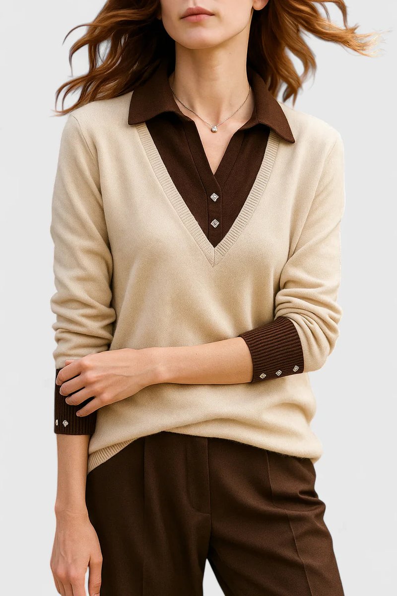 Camila | Women’s V-Neck Polo Collar Sweater with Buttoned Sleeves