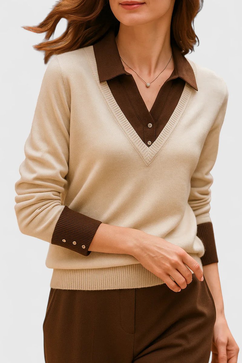 Camila | Women’s V-Neck Polo Collar Sweater with Buttoned Sleeves