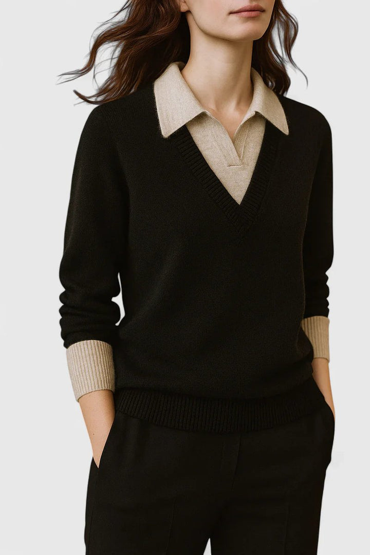 Camila | Women’s V-Neck Polo Collar Sweater with Buttoned Sleeves