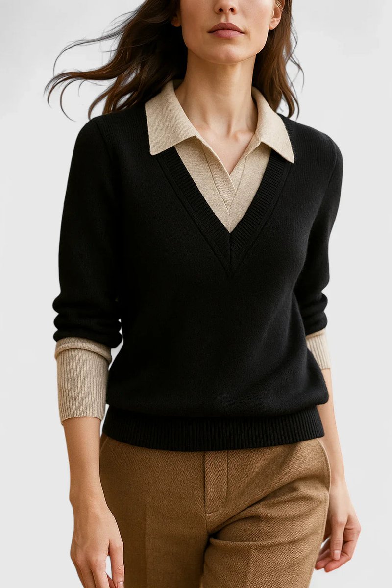 Camila | Women’s V-Neck Polo Collar Sweater with Buttoned Sleeves