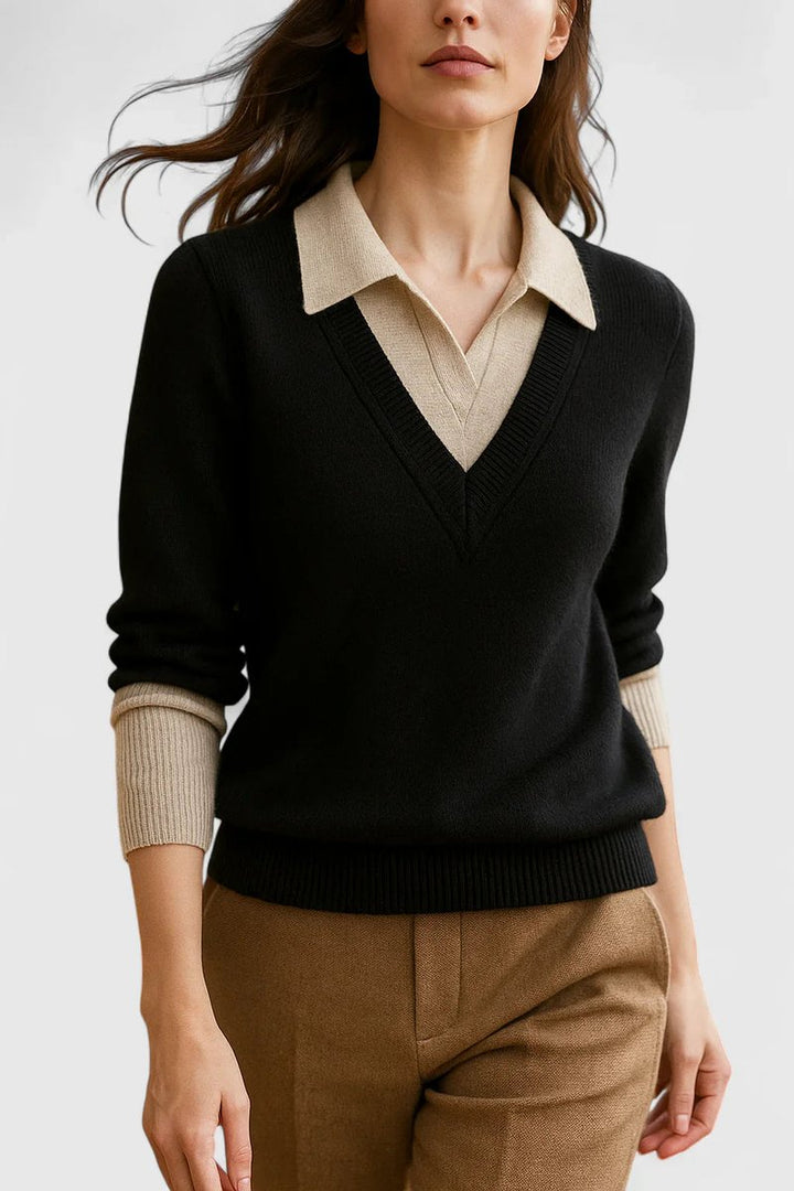 Camila | Women’s V-Neck Polo Collar Sweater with Buttoned Sleeves