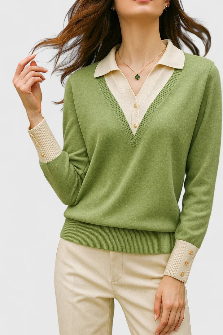 Camila | Women’s V-Neck Polo Collar Sweater with Buttoned Sleeves