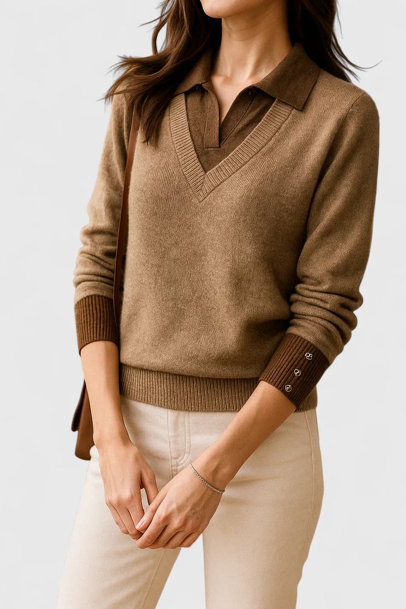 Camila | Women’s V-Neck Polo Collar Sweater with Buttoned Sleeves