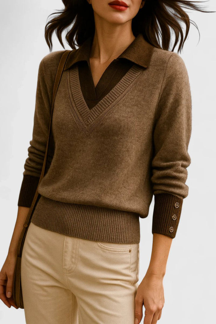 Camila | Women’s V-Neck Polo Collar Sweater with Buttoned Sleeves