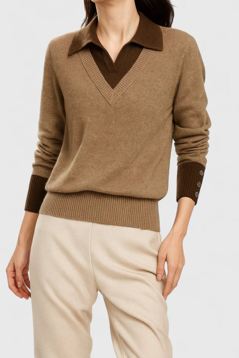 Camila | Women’s V-Neck Polo Collar Sweater with Buttoned Sleeves