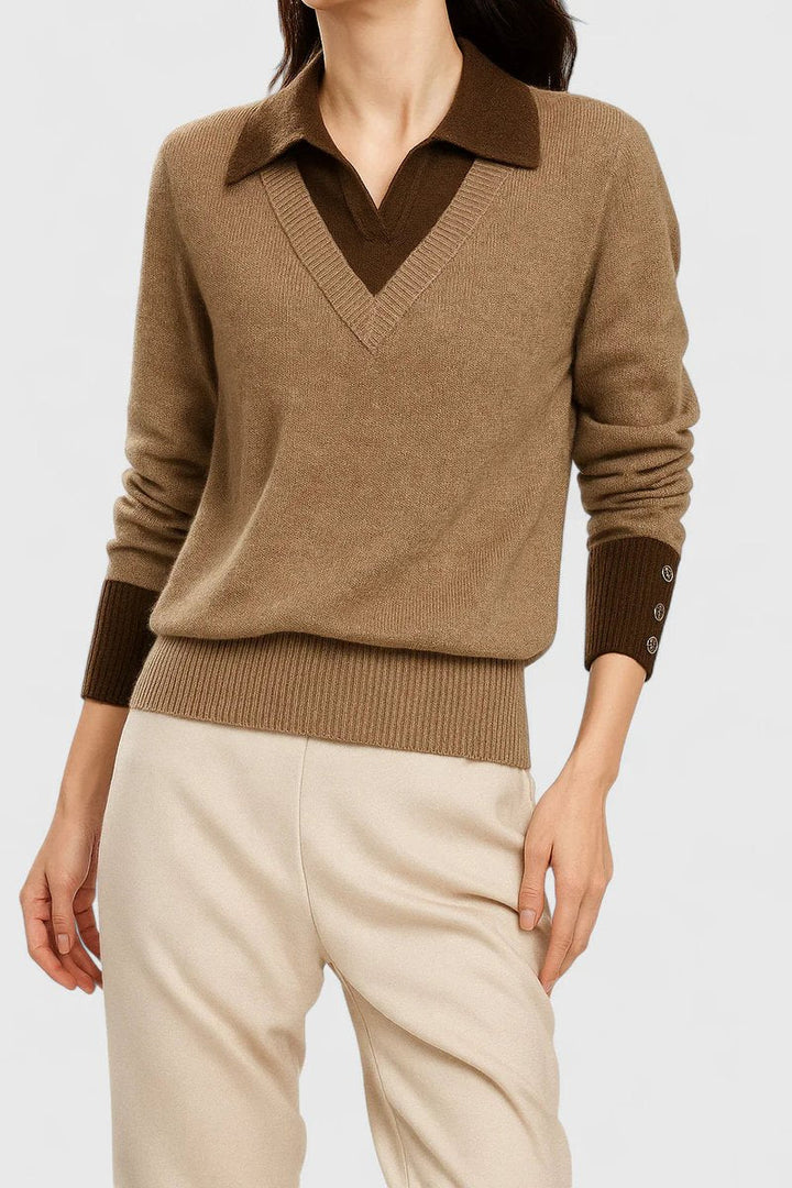 Camila | Women’s V-Neck Polo Collar Sweater with Buttoned Sleeves