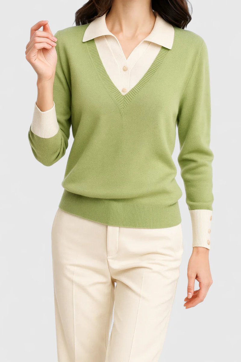 Camila | Women’s V-Neck Polo Collar Sweater with Buttoned Sleeves