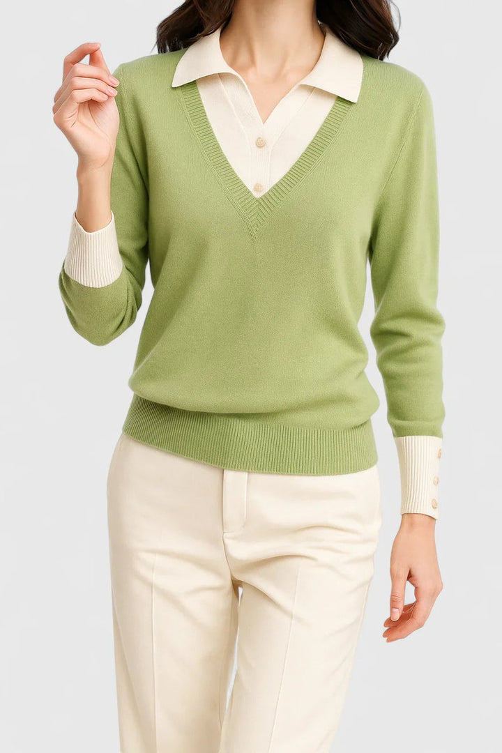 Camila | Women’s V-Neck Polo Collar Sweater with Buttoned Sleeves