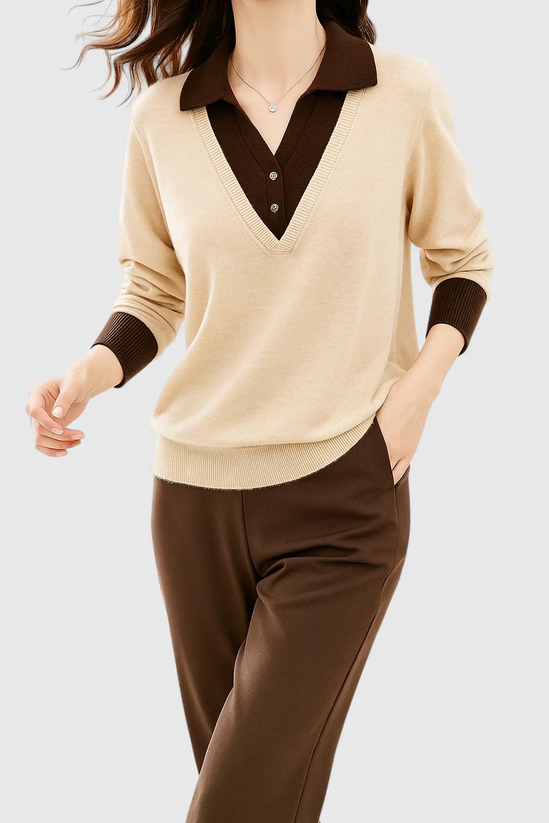 Camila | Women’s V-Neck Polo Collar Sweater with Buttoned Sleeves