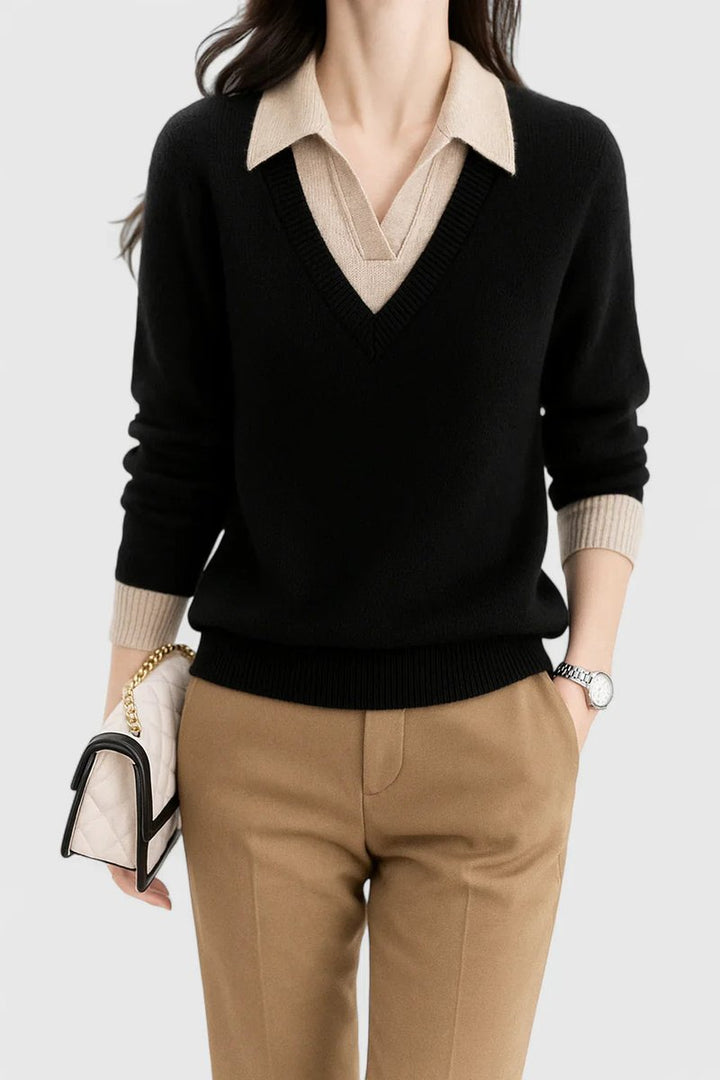 Camila | Women’s V-Neck Polo Collar Sweater with Buttoned Sleeves