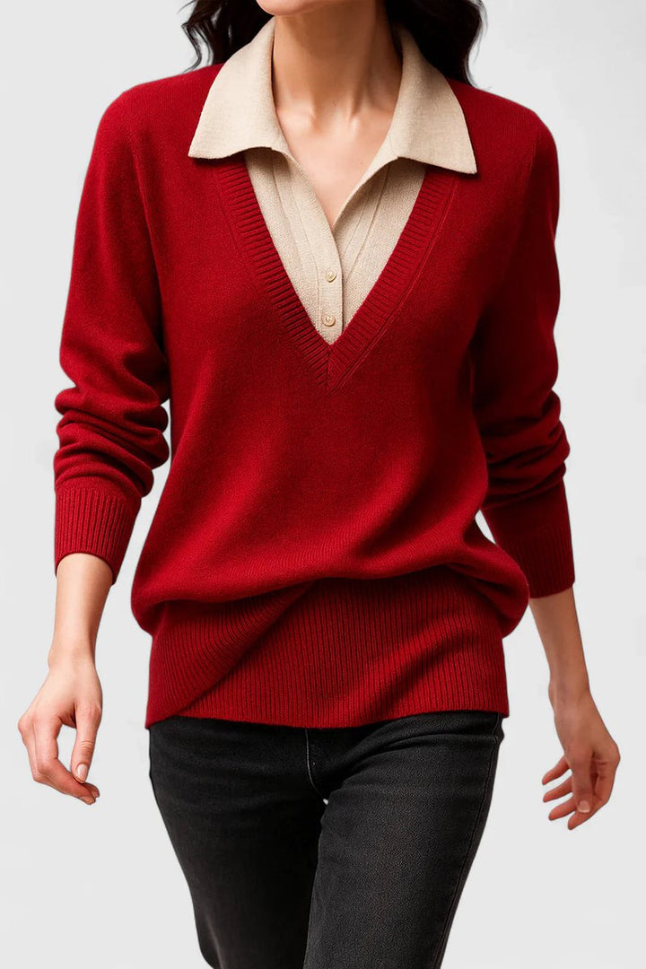 Camila | Women’s V-Neck Polo Collar Sweater with Buttoned Sleeves