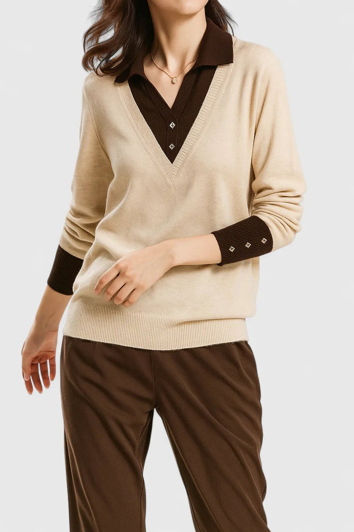 Camila | Women’s V-Neck Polo Collar Sweater with Buttoned Sleeves