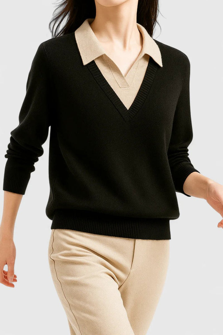 Camila | Women’s V-Neck Polo Collar Sweater with Buttoned Sleeves