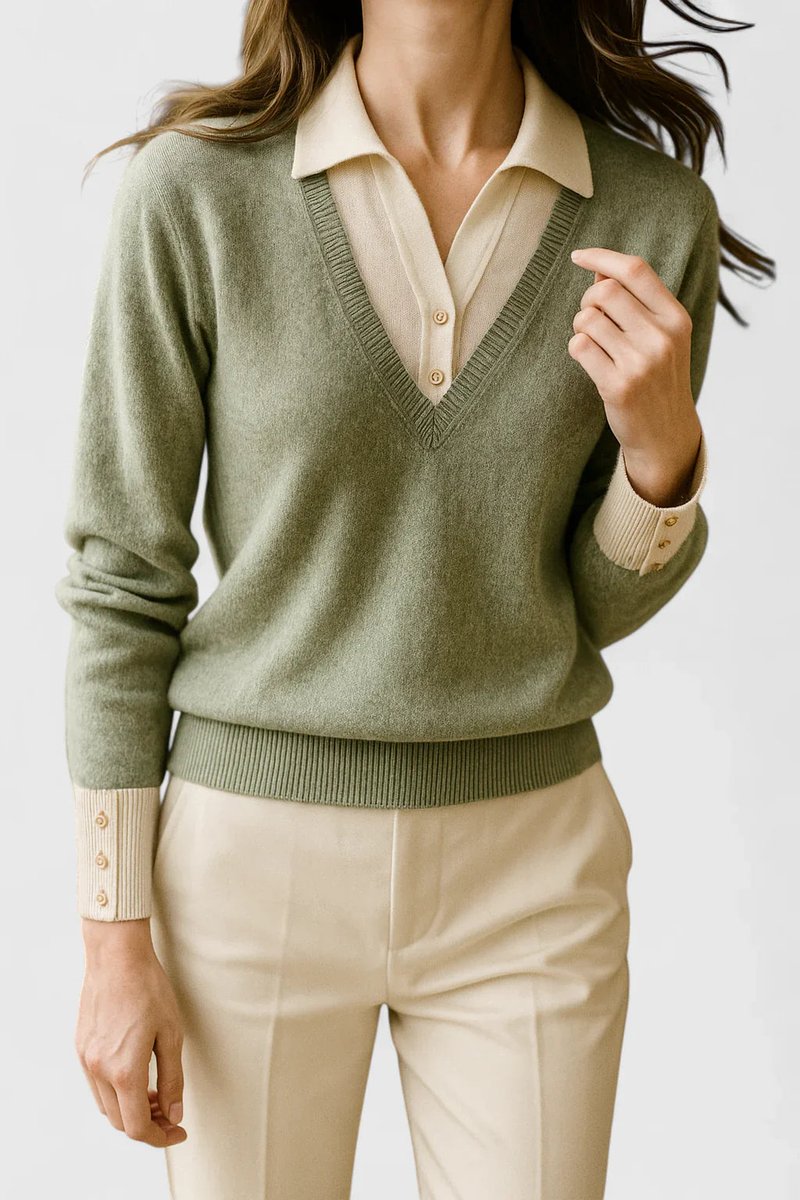 Camila | Women’s V-Neck Polo Collar Sweater with Buttoned Sleeves