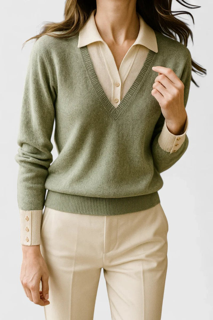 Camila | Women’s V-Neck Polo Collar Sweater with Buttoned Sleeves