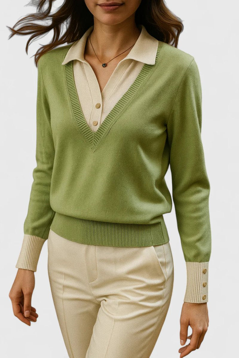 Camila | Women’s V-Neck Polo Collar Sweater with Buttoned Sleeves