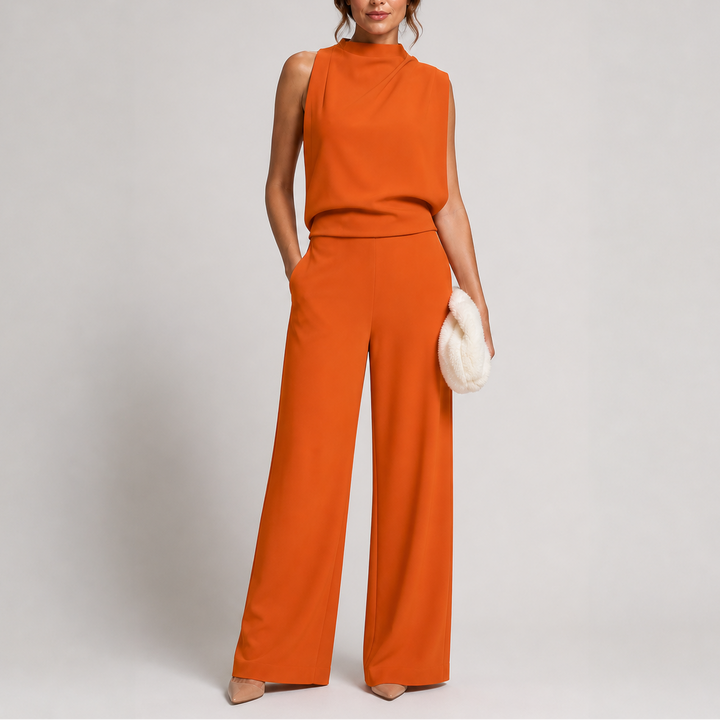Damen Hochkragen Ärmelloser Jumpsuit mit Weitem Bein und Taschen