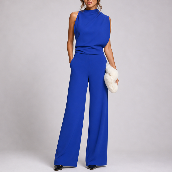 Damen Hochkragen Ärmelloser Jumpsuit mit Weitem Bein und Taschen