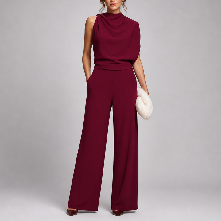 Damen Hochkragen Ärmelloser Jumpsuit mit Weitem Bein und Taschen