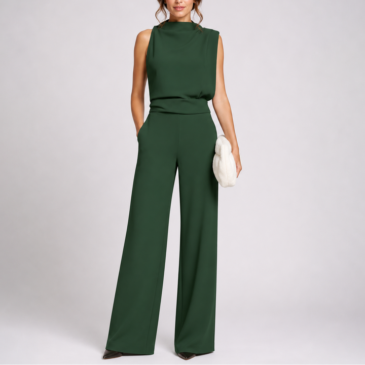 Damen Hochkragen Ärmelloser Jumpsuit mit Weitem Bein und Taschen