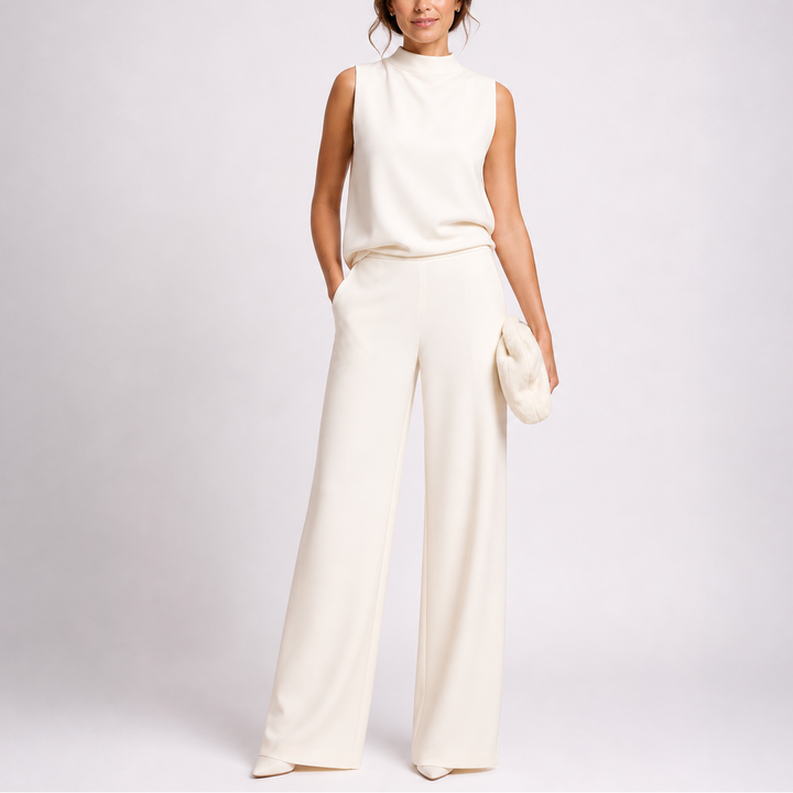 Damen Hochkragen Ärmelloser Jumpsuit mit Weitem Bein und Taschen
