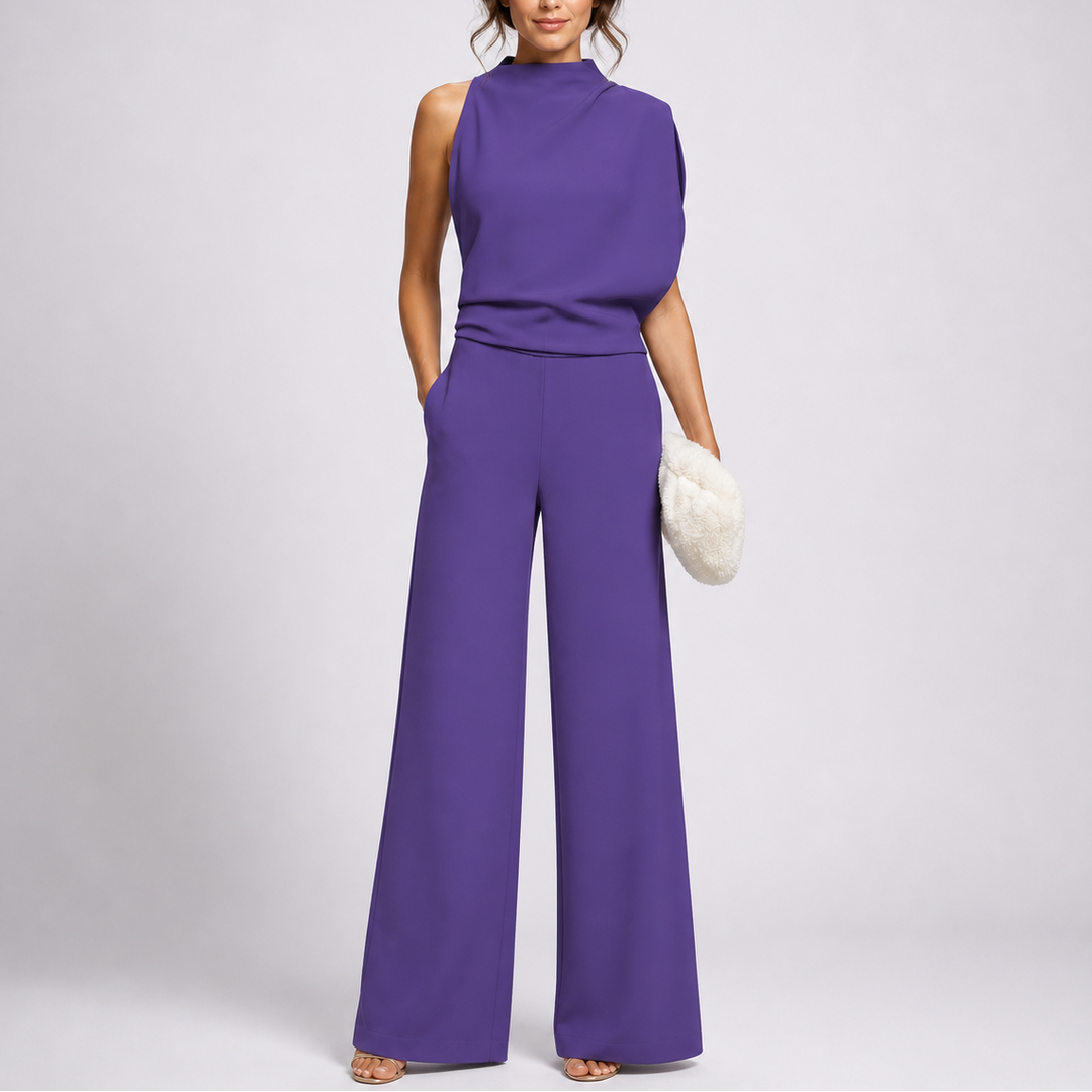 Damen Hochkragen Ärmelloser Jumpsuit mit Weitem Bein und Taschen