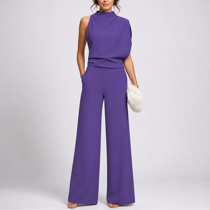 Damen Hochkragen Ärmelloser Jumpsuit mit Weitem Bein und Taschen