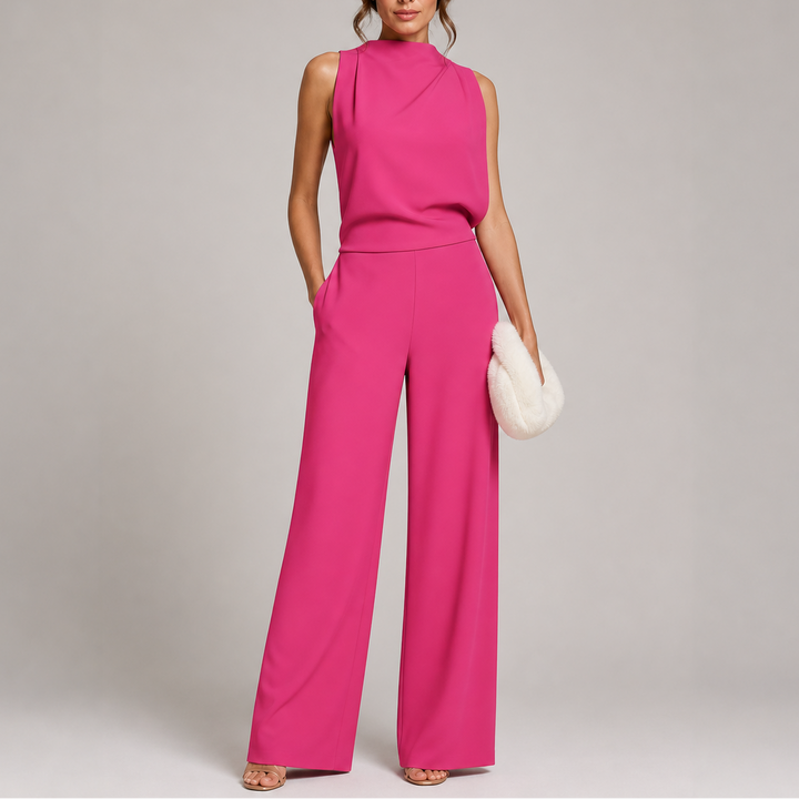 Damen Hochkragen Ärmelloser Jumpsuit mit Weitem Bein und Taschen