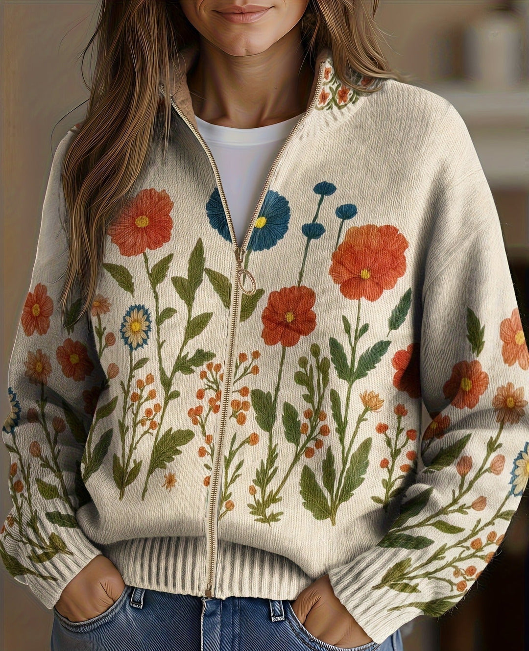 Wrenna | Women's Floral Cardigan with Zipper and Pockets