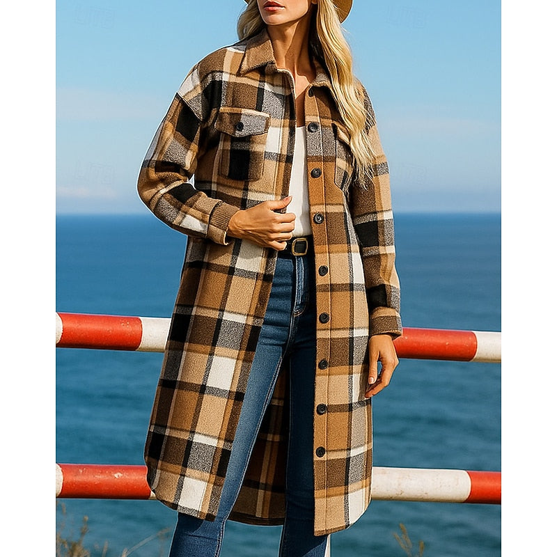 Women's longline coat with a plaid pattern, buttons, and pockets