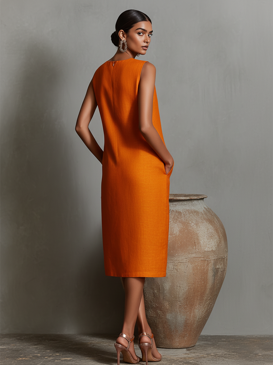 Women's orange sheath dress with sleeveless crew neck and side pockets, timeless minimalist-elegant style