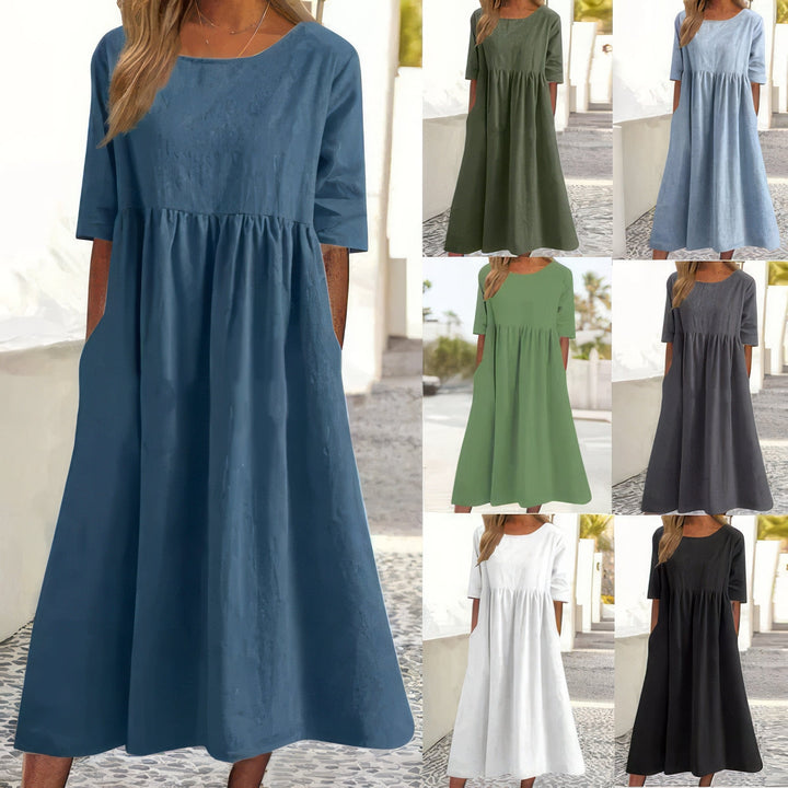 Maikee™ - Cotton Round Neck Dress with Pockets